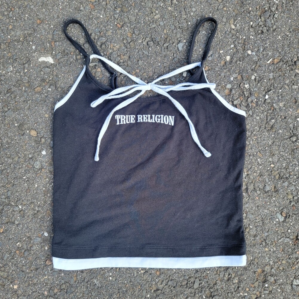 True Religion Ribbed Tie Front Cami Crop Tank Top Black Contrast Trim Y2K Style